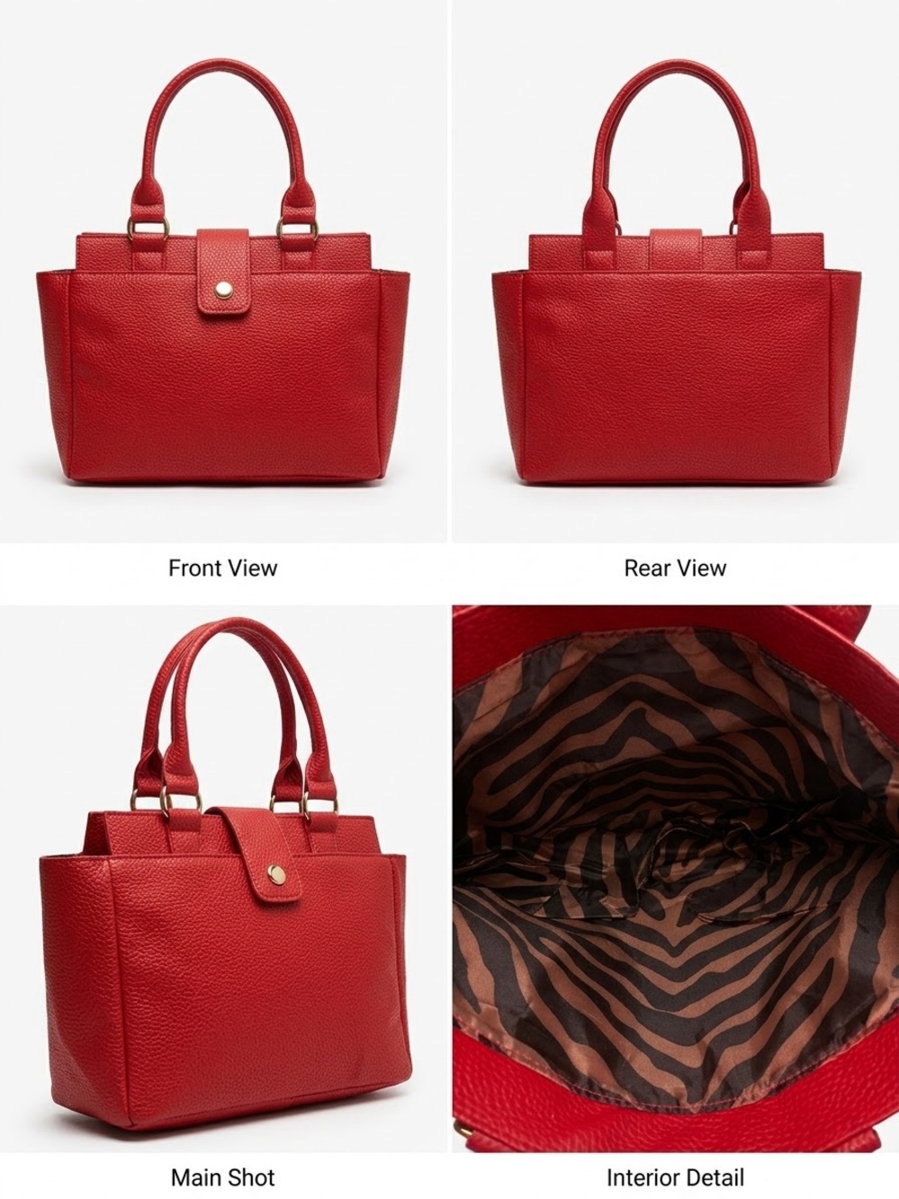 Vibrant Red Pebbled Leather Shoulder Tote Handbag Bold Zebra Print Interior